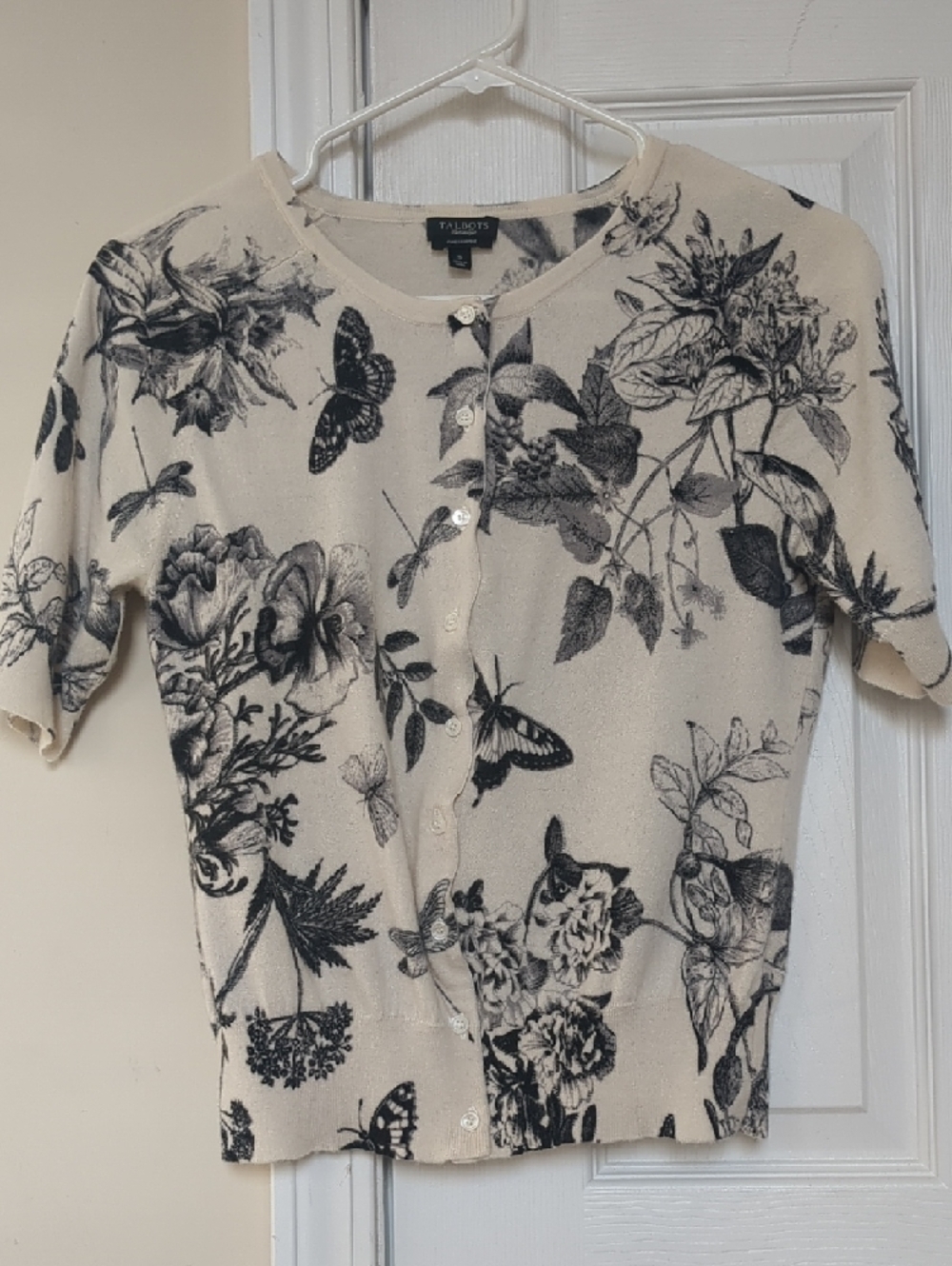 100% Cashmere Talbots Cream Cardigan with Black Floral & Butterfly Print Small